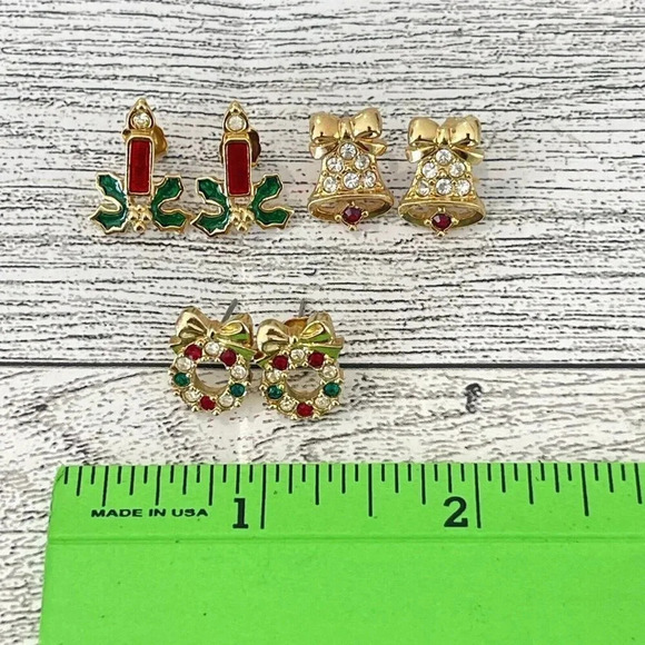 VTG Season’s Greetings 3 Gold Tone Enamel Pierced Earrings-Candle-Wreath-Bells - Picture 7 of 7